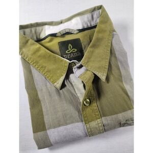 prAna Green Plaid Short Sleeve Button Up Mens Large Organic Cotton Casual Shirt